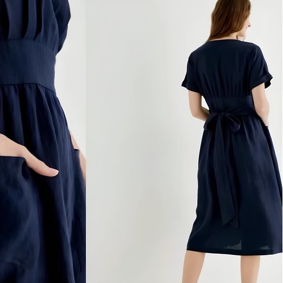 NWT Grae Cove Frankie Linen Wrap Midi Dress with Pockets in Navy - Picture 2 of 3